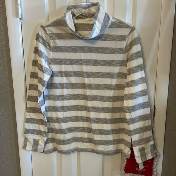T by Talbots Women’s (S) Gray White Striped Cowl Neck Longsleeve Tee Top NWT - Picture 1 of 9
